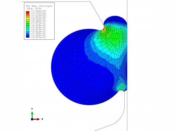 FIGURE 1Maximum principal deformation in the material in the installation situation, temperature: 136°C