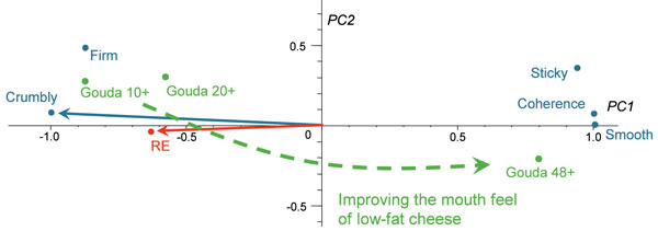 Figure 2 Sensory space (PCA diagram) of Gouda cheese variants with different fat levels (Blue: sensory attributes; Red: Instrumental measurement; Green: samples)