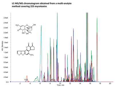Figure 1: LC-MS/MS chromatogram obtained from a multi-analyte method covering 223 mycotoxins