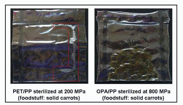 Figure 1 Photographs bilayer structures used to package solid carrots, after HP sterilisation. The delaminations areas in the case of PET/PP cast films (left side) highlighted with dashed red line
