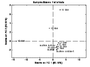 Figure 3 Principal Component Analysis (PCA) for the 1H NMR spectra of bread wheat cv. Hereward cell wall extracts at several developmental stages (10, 12, 14, 17, 21, 28, 35, 42 and 48 dpa (maturity)). The PCA plot shows a progressive change in the AX structure with time (an increase of monosubstituted xylose residues and a decrease of disubstituted xylose residues) reaching an AX profile at 17 dpa that remains stable until maturity.