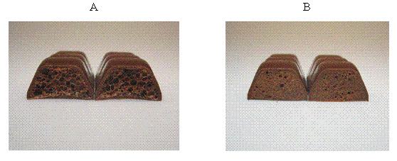 Figure 4 Chocolate aerated with a) carbon dioxide and b) nitrogen