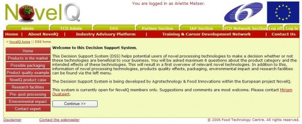 Figure 1 Homepage of decision support system providing information on novel processing (left) and entrance to the questions to select potentially interesting technologies