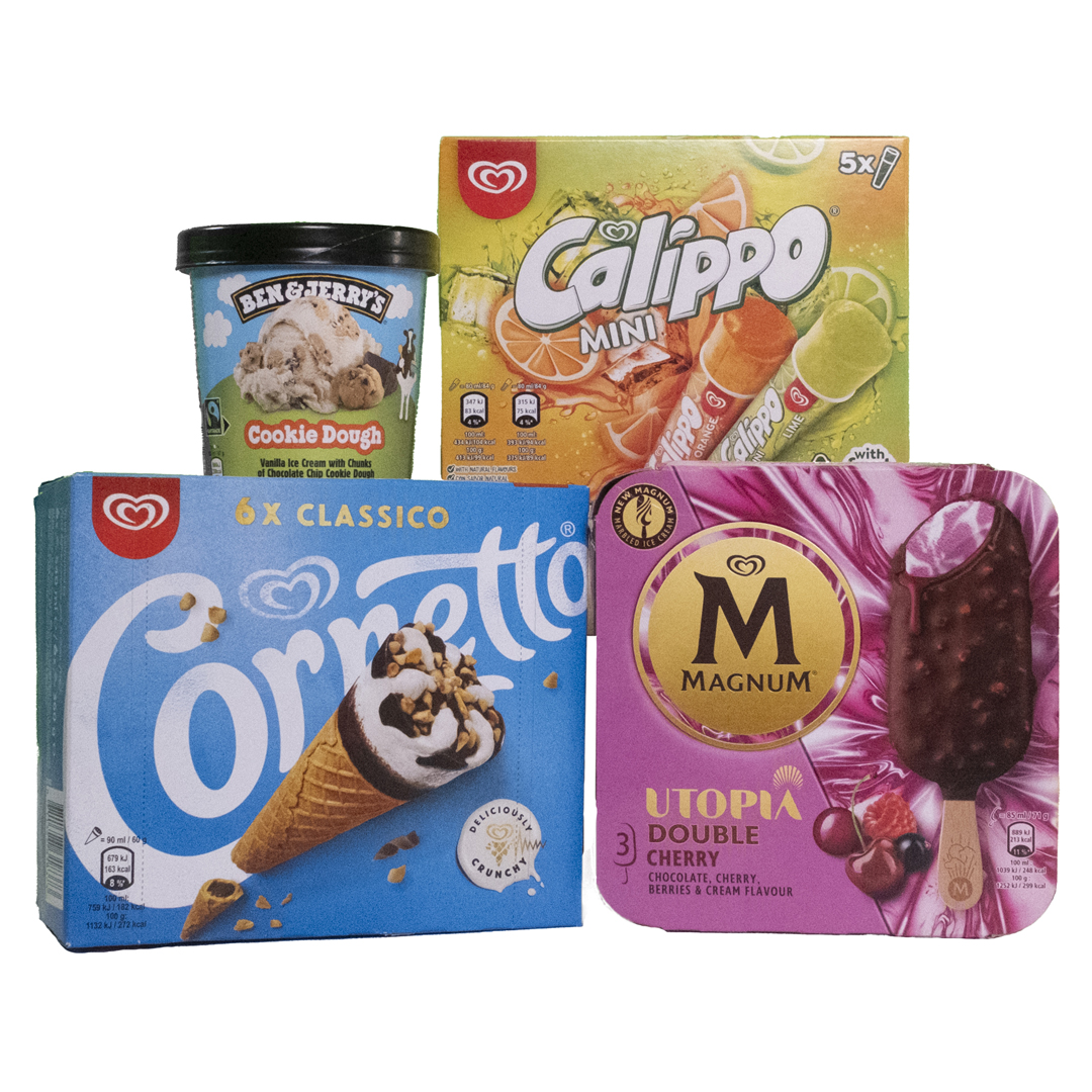 A selection of branded products including magnum, cornetto and calippo