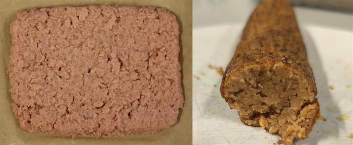 Taste testers preferred patties (left image) and sausage-like links (right image) made from fungi grown on carrot side streams to similar versions made with more traditional plant-based proteins. 
