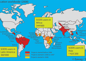 Figure 2: The estimated number of users of SODIS applications worldwide, including starting period of projects and countries in which SODIS is implemented as local house water treatment