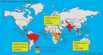 Figure 2: The estimated number of users of SODIS applications worldwide, including starting period of projects and countries in which SODIS is implemented as local house water treatment