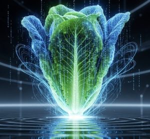 A head of romaine lettuce made of glowing blue and green binary code emerges from a reflective data lake, symbolizing the use of AI in food safety.