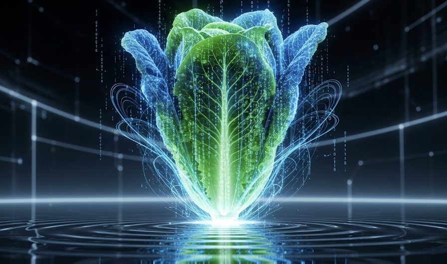 A head of romaine lettuce made of glowing blue and green binary code emerges from a reflective data lake, symbolizing the use of AI in food safety.