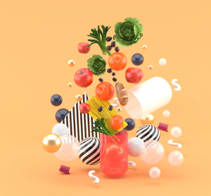 The food floats out of the capsule amidst colorful balls on the orange background.-3d render.