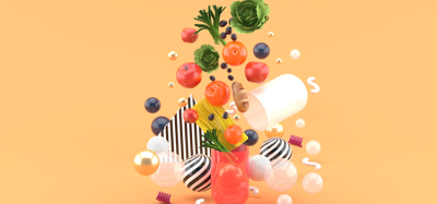 The food floats out of the capsule amidst colorful balls on the orange background.-3d render.