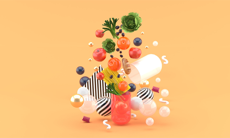 The food floats out of the capsule amidst colorful balls on the orange background.-3d render.