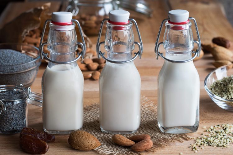 plant-based milk in bottles