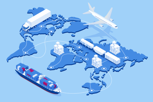 An image depicting the global food supply chain and logistics on a world map.