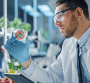 Man looking at plant-based meat in lab