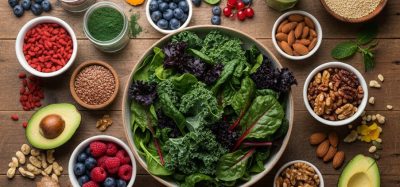 A variety of superfoods arranged on a a table, including raspberries, avocado, matcha and many more.