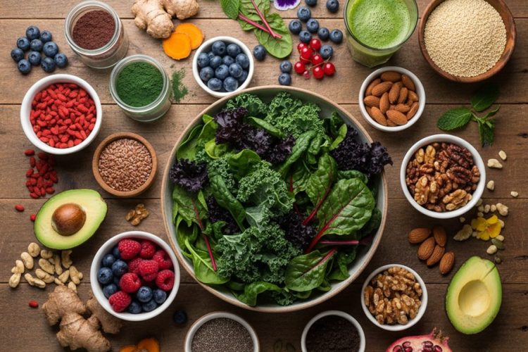 A variety of superfoods arranged on a a table, including raspberries, avocado, matcha and many more.